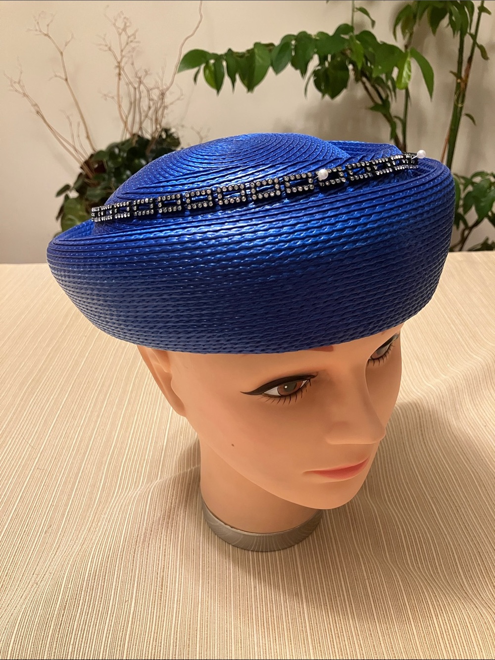 Vintage Royal Blue Straw Pillbox Hat with Black Rhinestone Rectangular Trim